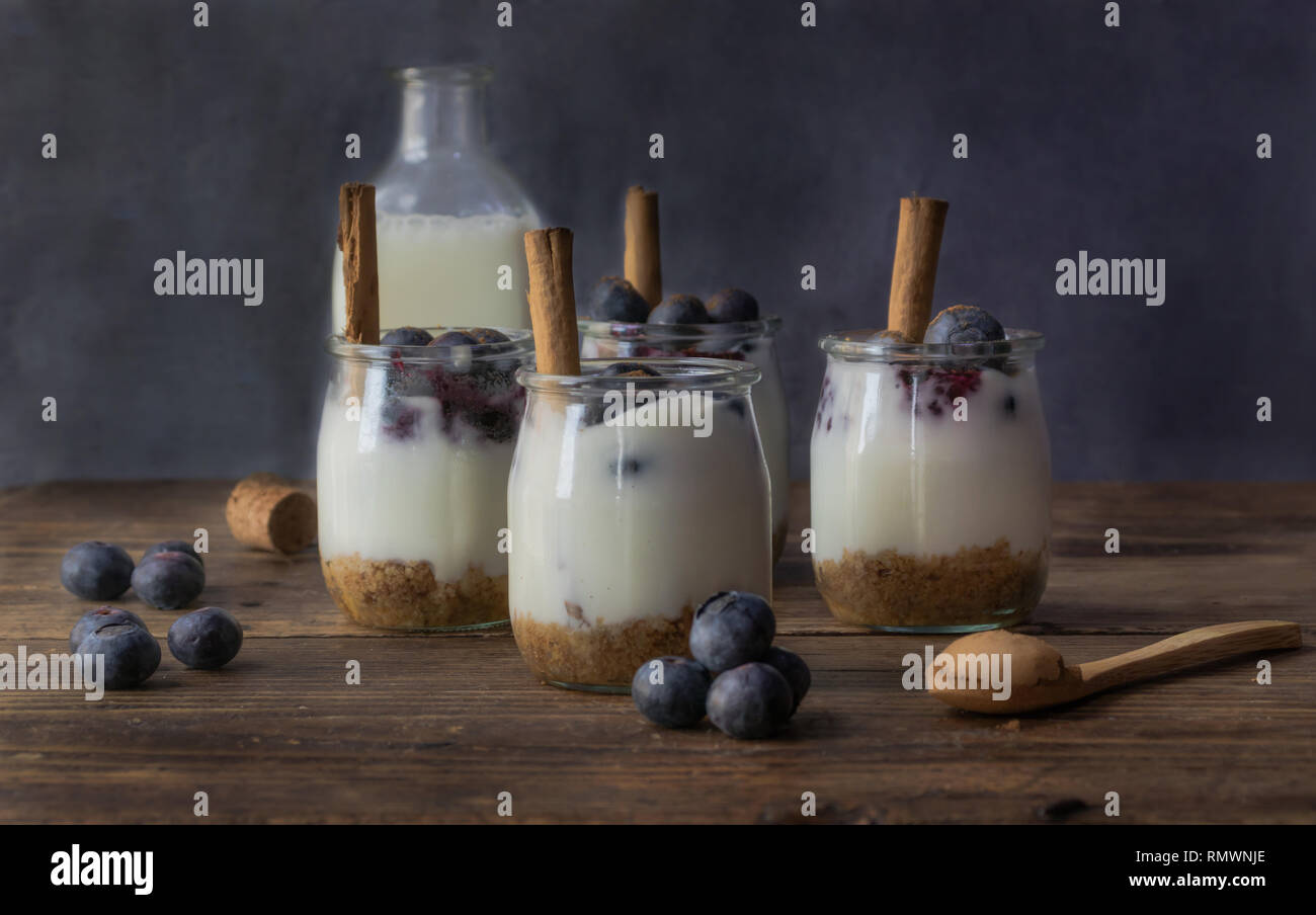 Hausgemachte Joghurt mit Cookie unterhalb und Preiselbeeren mit Zimt oben auf einem Holzbrett Stockfoto