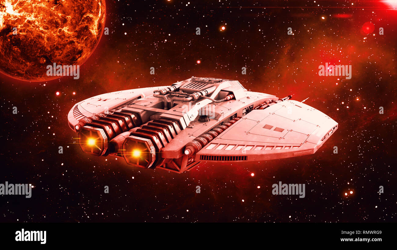 Außerirdisches Raumschiff in die Tiefen des Weltraums, UFO Raumschiff fliegen in das Universum mit Planeten und Sterne im Hintergrund, Rückansicht, 3D-Rendering Stockfoto