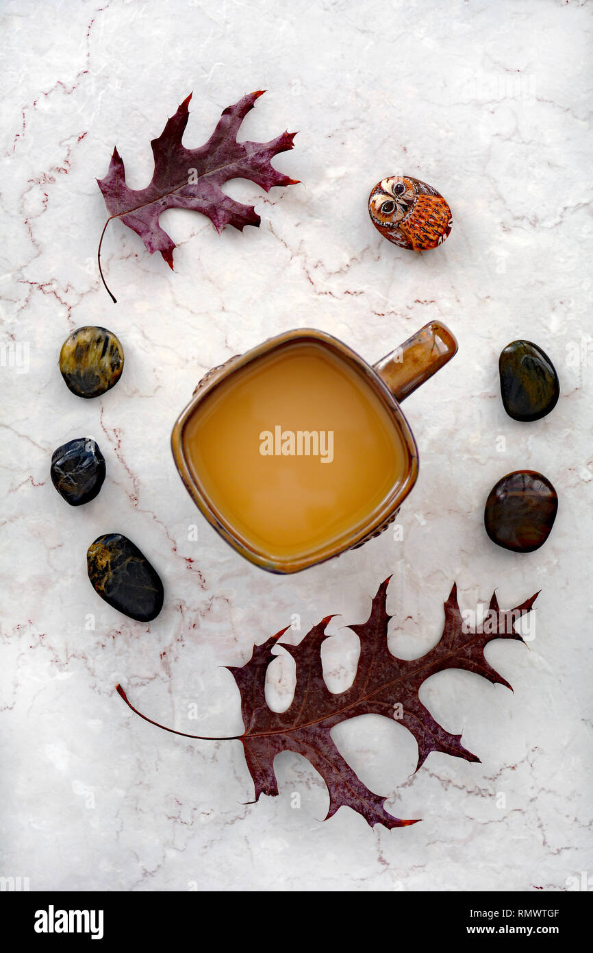 Kaffee und getrocknete Eichenblätter mit polierten Steinen und gemalten Eule rock Still life auf Marmor Hintergrund. Vertikales format in Flach Komposition. Stockfoto