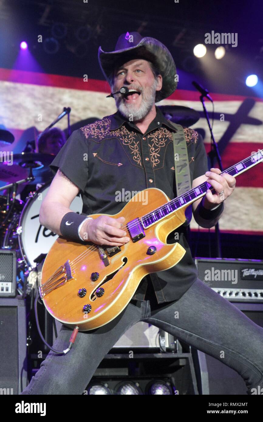 Sänger, Songwriter und Gitarrist Ted Nugent wird gezeigt auf der Bühne während einer "live"-Konzert aussehen. Stockfoto