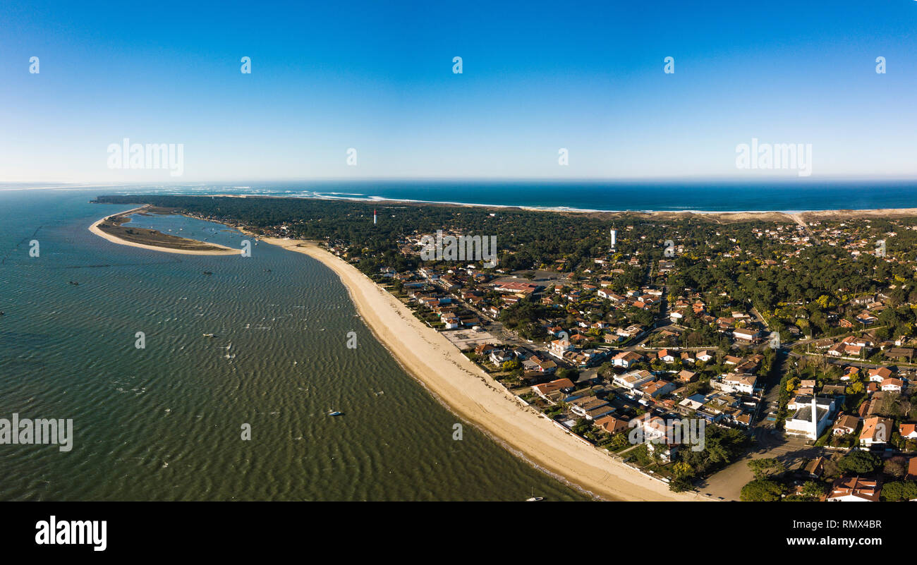 Luftaufnahme, Fischerdorf und Mimbeau Strand, Cap Ferret, Bassin d