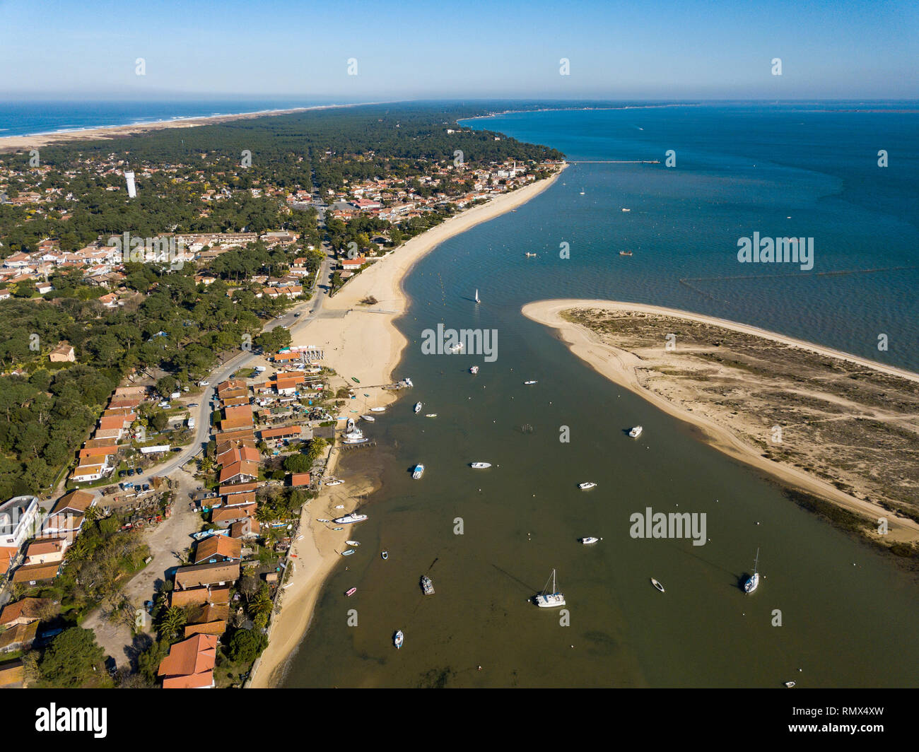 Luftaufnahme, Fischerdorf und Mimbeau Strand, Cap Ferret, Bassin d