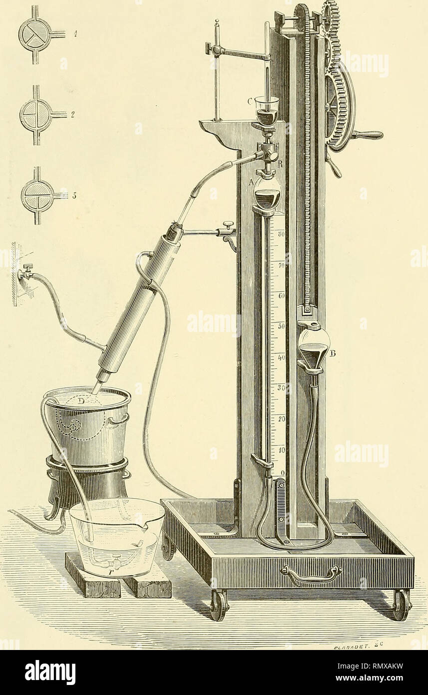 . Annales des sciences naturelles. Zoologie; Biologie. Ami.des Se. Nat. 5 "Série, t. XX, Pi. 5. POMPE EIN MERCURE POUR L'EXTRAKTION DES GAZ DU SANG.. Chambre barométrique.-B. Réservoir mobile, en Communication avec eine Gleichheit Kautschuk ET-Tubus de Verre. - C. Küvette à Mercure recueillir les Gaz gießen.-D. Ballon plongé dans l'eau chaude, où le Vide étant vollendete, auf introduit Le par sang Le Robinet r. Le Gros tube de Verre qui Teil de D est entouré d'un Courant d'eau qui refroidit les Gaz et Forme fermeture Hydraulique. - R. Robinet à trois Voies pouvant Fermer complètement La Chambre barométrique (pos Stockfoto