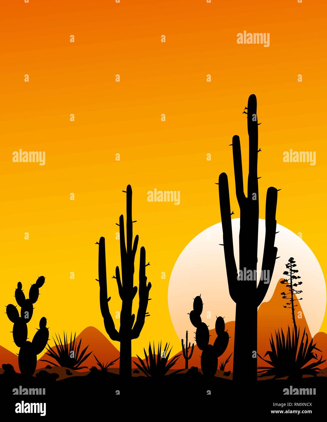 Sonnenuntergang in der mexikanischen Wüste. Silhouetten von Steinen, Kakteen und Pflanzen. Landschaft der Wüste mit Kakteen. Die steinige Wüste. Stock Vektor