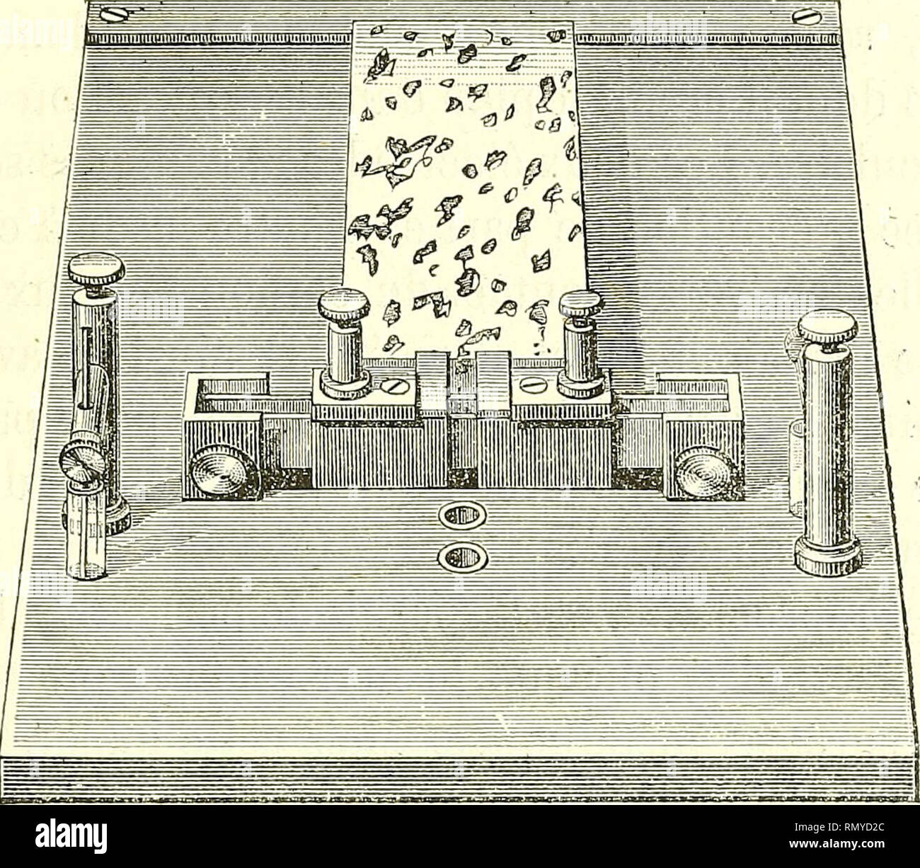. Annales des sciences naturelles. Zoologie; Biologie. Erregung ÉLECTRIQUE DES NERFS MOTEURS. Ich liebe 89 Scientifique, Mais qu'elle Touche de Près à un problème fondamental, La connaissance du Mode d'action intime de l'Electricité sur les Nerfs moteurs. Pour nos Forschung, dont le Principe a Déjà été indiqué brièvement, nous nous sommes Servi de l'appareil représenté dans la Abbildung 26. Il consiste essentiellement en deux Plaques. Abb. 26. - Appareil pour l'Erregung du Nerf isolé, par le Courant transversale. métalliques, épaisses de 2 millimètres, serrées Entre Deux lames de Glace parallèles e Stockfoto