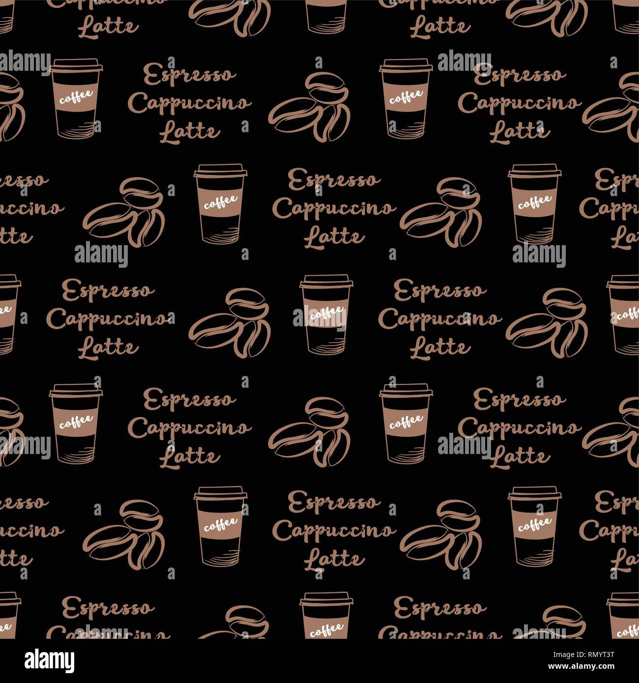 Nahtlose Muster mit Kaffeetasse, Getreide Kaffee und Text auf schwarzem Hintergrund Stock Vektor