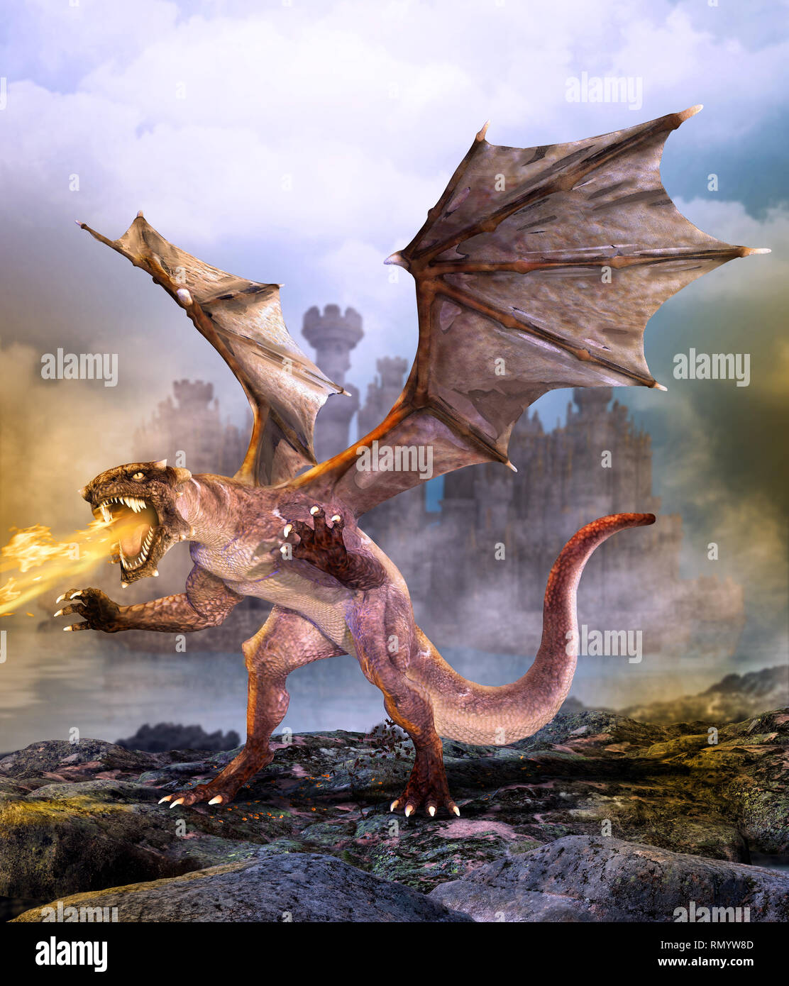 Fantasy Szene Drachen die Burg, 3d-render Malerei Stockfoto