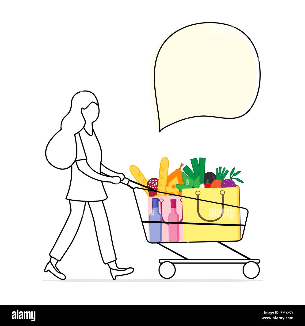 Vector Illustration mit Frau, die einen Warenkorb mit Speisen und Getränke aus dem Supermarkt. Shopping Konzept. Design für Ansage, advertis Stock Vektor