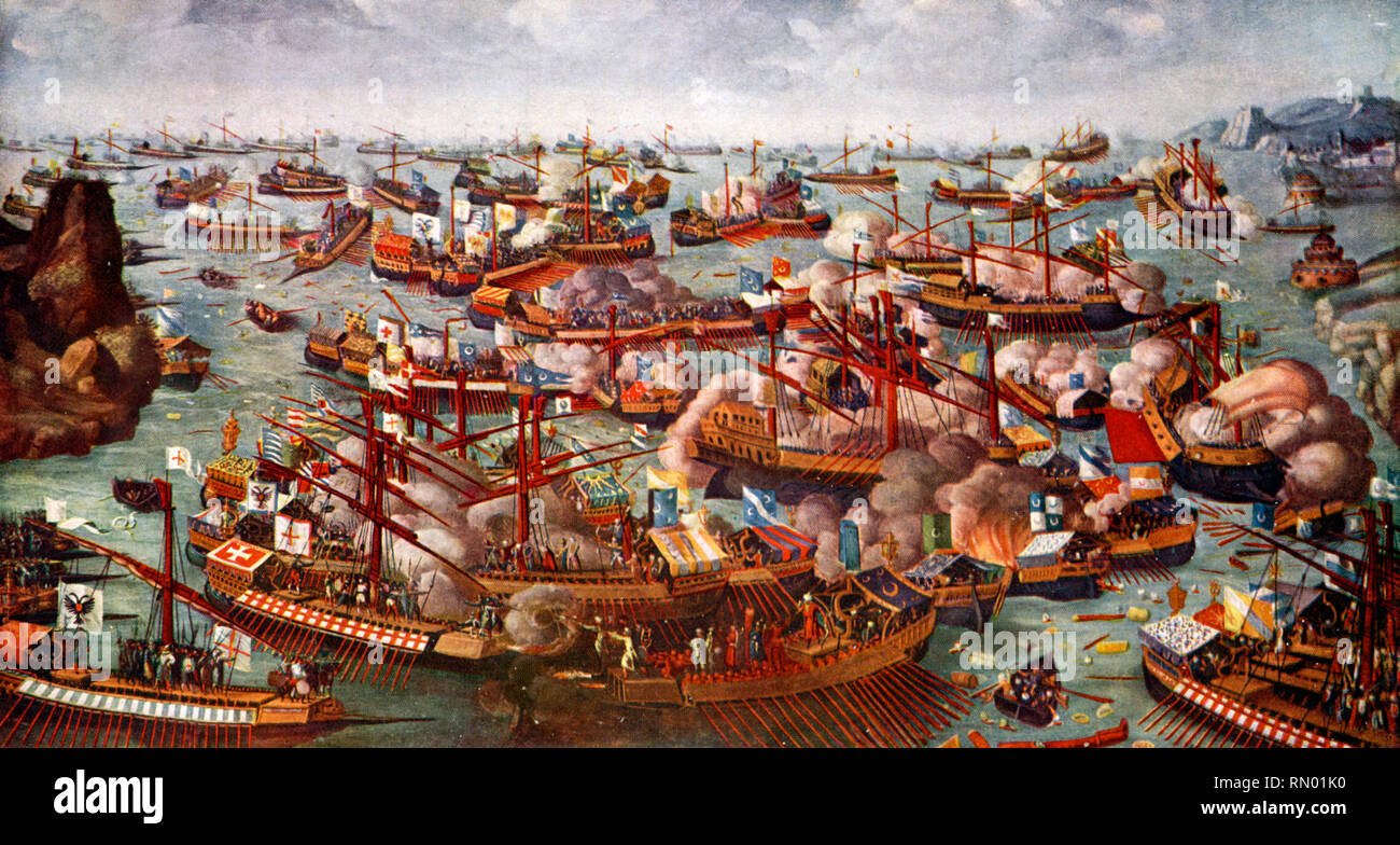 Die Schlacht von Lepanto, 1571. Die Schlacht von Lepanto wurde ein naval Engagement, 7. Oktober 1571 stattfand, zwischen der Heiligen Liga, von der Venezianischen Republik, die zusammen mit der Spanischen Reich, eine große Niederlage für die Flotte des Osmanischen Reiches in den Golf von Patras zugefügt geführt. Stockfoto