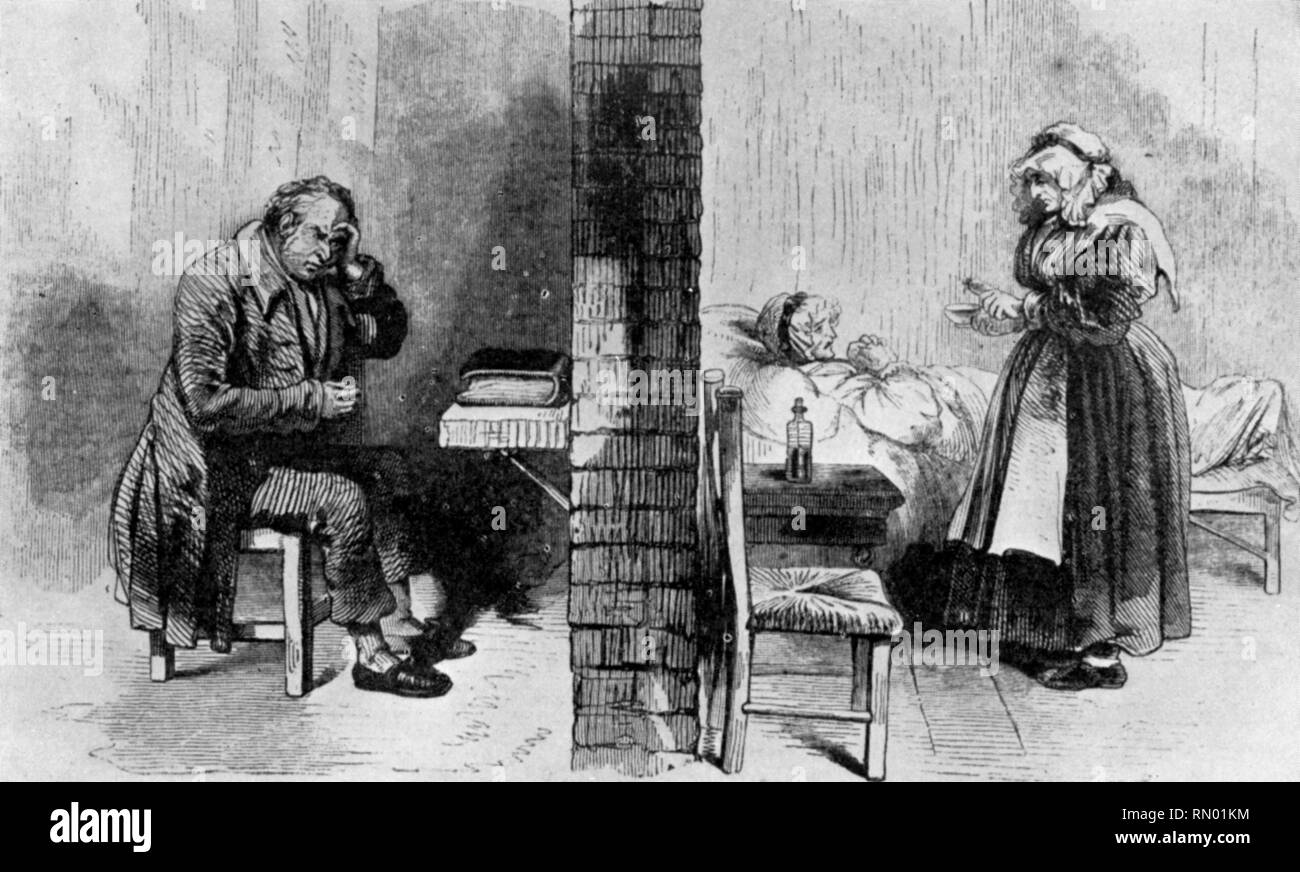 Die Trennung von Mann und Frau in einem Arbeitshaus, 1846. Ein Paar in einem viktorianischen Workhouse getrennt. Stockfoto