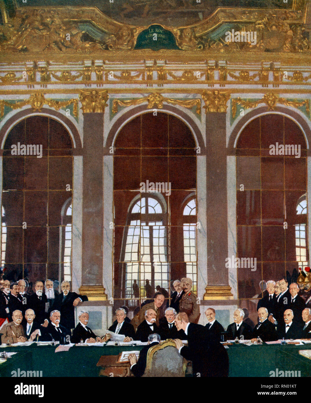 Die Unterzeichnung des Friedens im Spiegelsaal, Versailles, 28.. Juni 1919. Von William Orpen (1878-1931). Der Vertrag von Versailles (Traité de Versailles) war der wichtigste Friedensvertrag, der den Ersten Weltkrieg zu Ende brachte Stockfoto