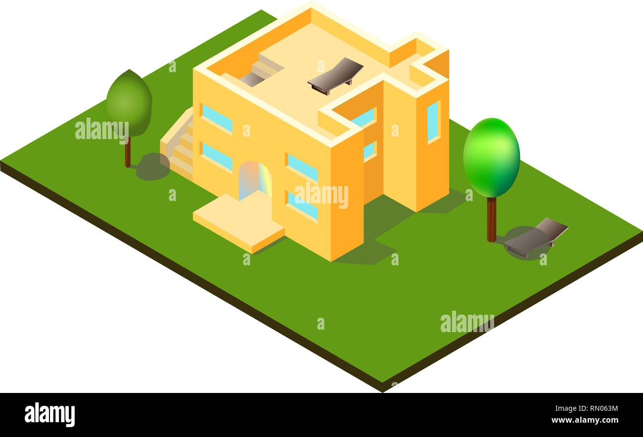 Isometrische Vektor zwei etagen Haus mit der isometrischen Bäume und Landschaft Stock Vektor