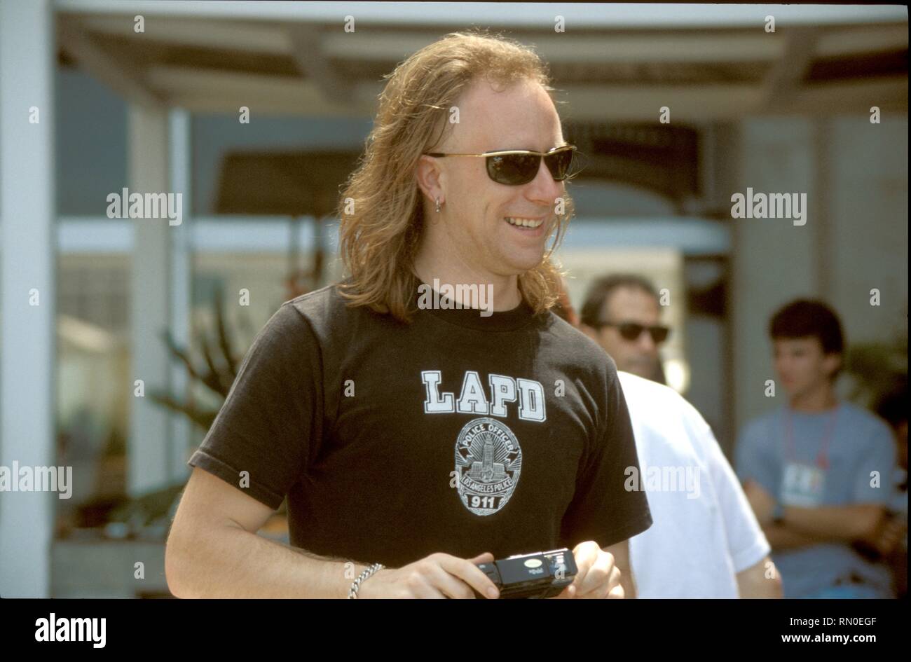 Faith No More Bassist Billy Gould ist dargestellt, bevor auf der Bühne bei Rock in Rio II zurück im Jahr 1991. Stockfoto