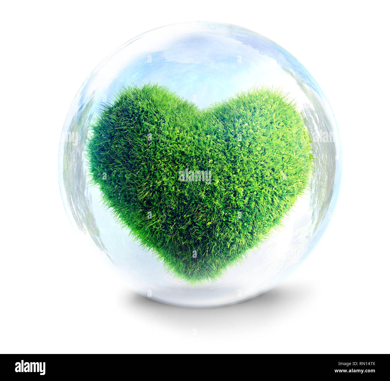 Gras Herz in Glasblase eine fragile Ökologie Konzept 3D-Bild Stockfoto