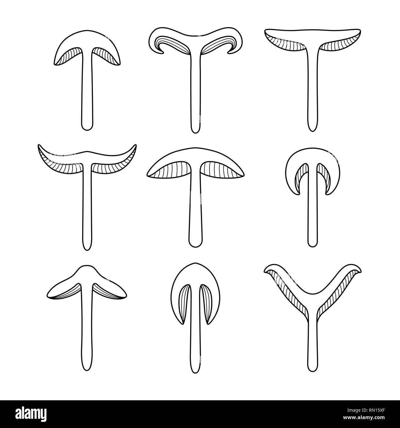 Pilz Silhouetten. Schwarze Linie Zeichnung Vektor. In Scheiben geschnitten Fliegenpilz Stock Vektor