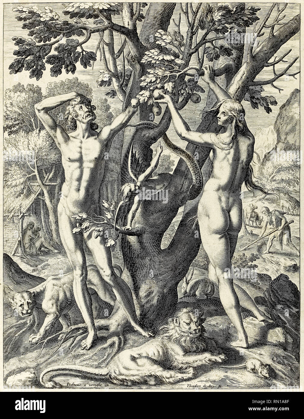 "Adam und Eva im Garten Eden' Stich von Theodor de Bry (1528-1598). Stockfoto