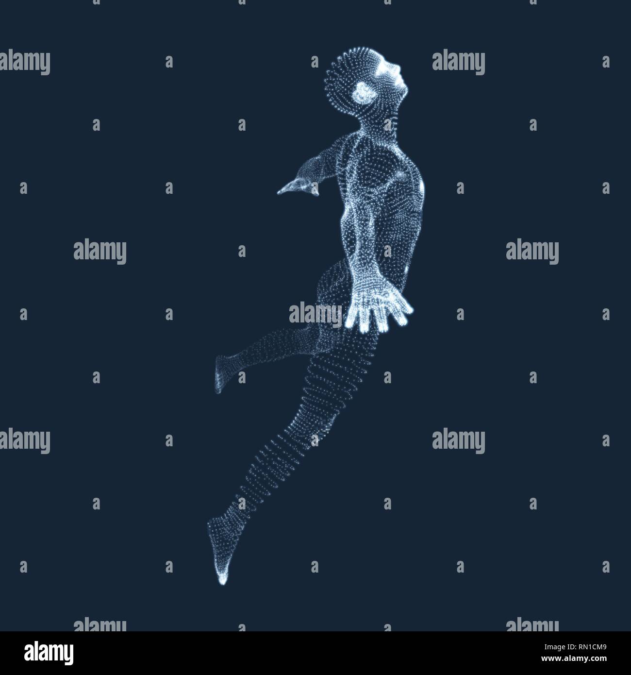 Jumping Man. Vektorgrafiken aus Teilchen. 3D-Modell des Menschen. Human Body Model. Body Scanning. Ansicht von der menschlichen Körper. Stock Vektor