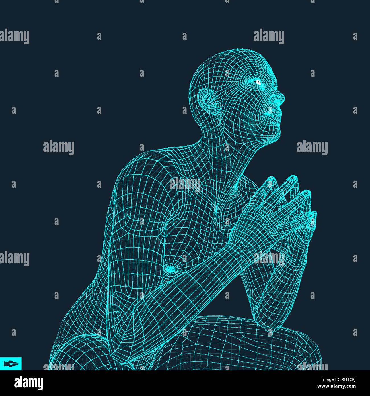 Mann in einem Denker darstellen. 3D-Modell des Menschen. Geometrischen Design. Menschliche Körper Kabel Modell. Wirtschaft, Wissenschaft, Psychologie oder Philosophie Vektor Illustration. Stock Vektor