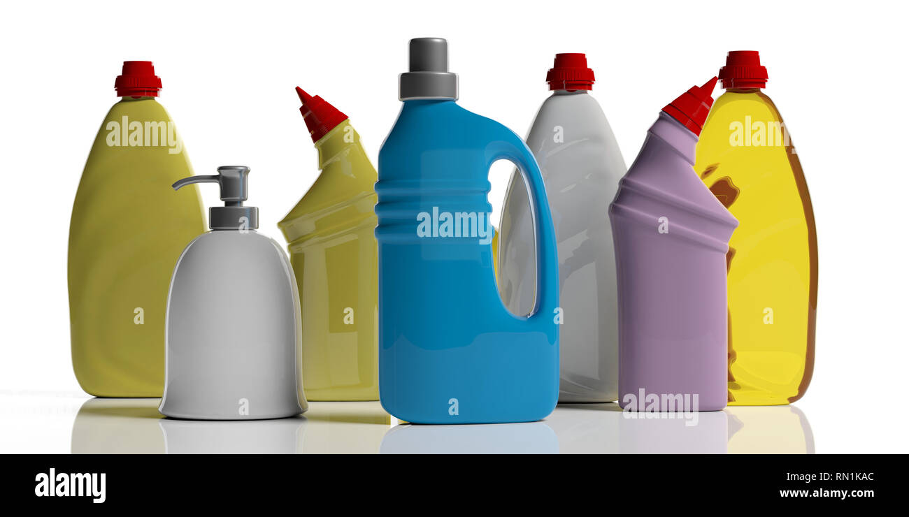Reinigungsmittel. Vielzahl von Leere keine Namen Plastikflaschen mit  Waschmittel, auf weißem Hintergrund. 3D-Darstellung Stockfotografie - Alamy