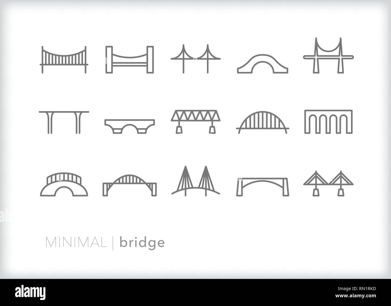 Satz von 15 grau Bridge line Icons, die über verschiedene Arten von Verkehr die Straße oder von einem Ort zum anderen reisen zu überqueren Stock Vektor