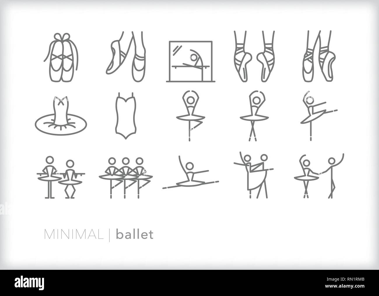 Satz von 15 grau Ballett Ikonen der Tänzerin, Tänzer, Tutu, Ballet Shoes, Positionen, Praxis und Leistung Stock Vektor