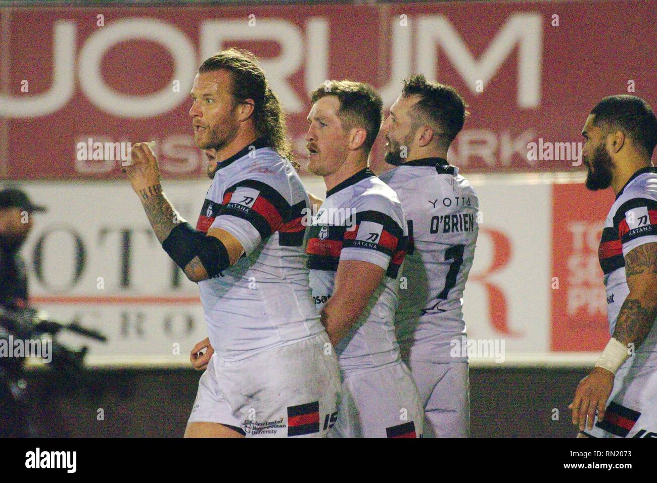 Newcastle upon Tyne, England, 16. Februar 2019. Toronto Wolfpack feiern, nachdem er ein Versuch gegen Widnes Wikinger in ihrer Betfred Championship match bei Kingston Park, Newcastle upon Tyne. Credit: Colin Edwards/Alamy Leben Nachrichten. Stockfoto