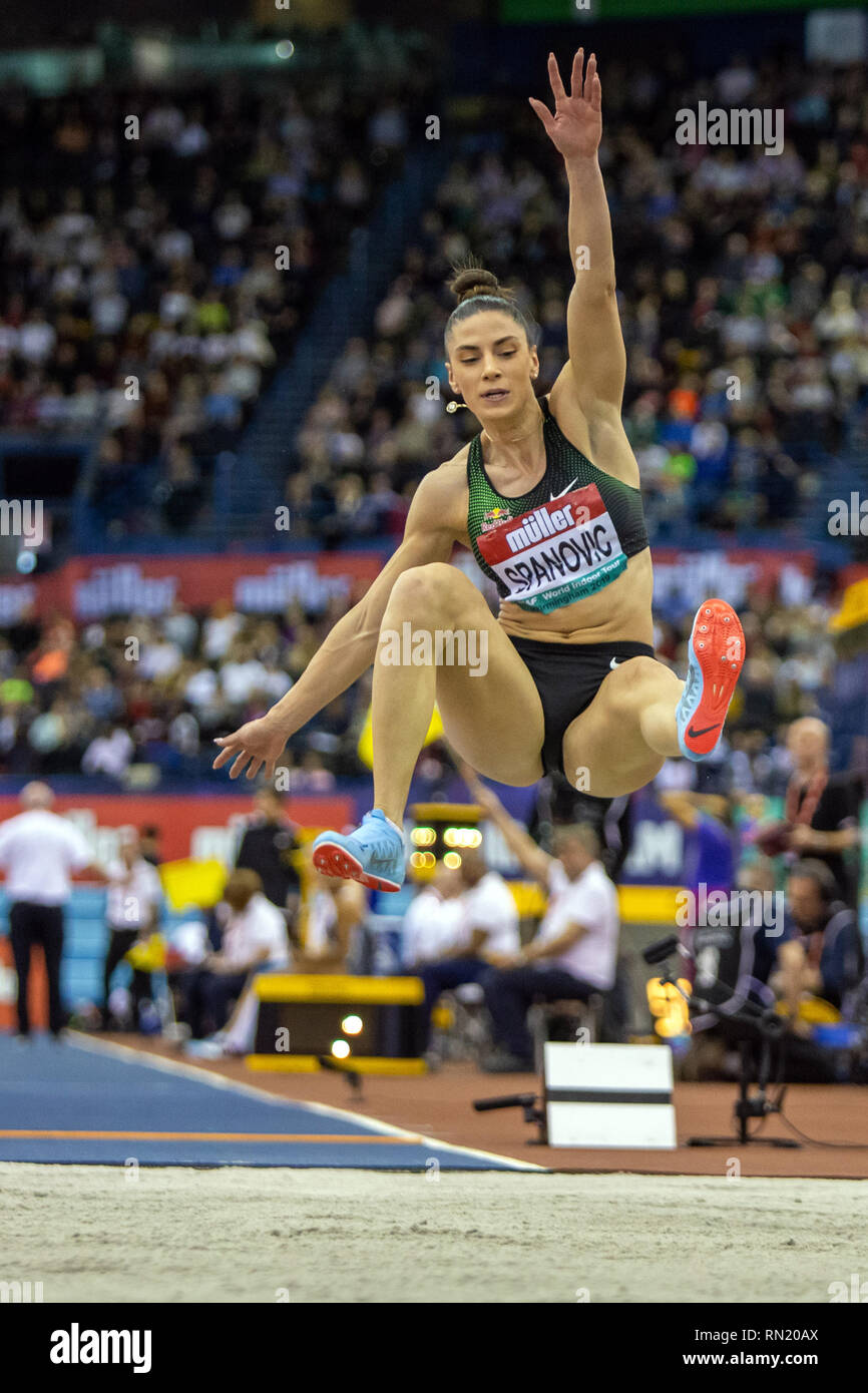 Arena Birmingham, Birmingham, UK. 16 Feb, 2019. Muller Indoor Grand Prix Athletik; Ivana Spanovic auf dem Weg zu den Frauen Weitsprung Credit: Aktion plus Sport/Alamy leben Nachrichten Stockfoto