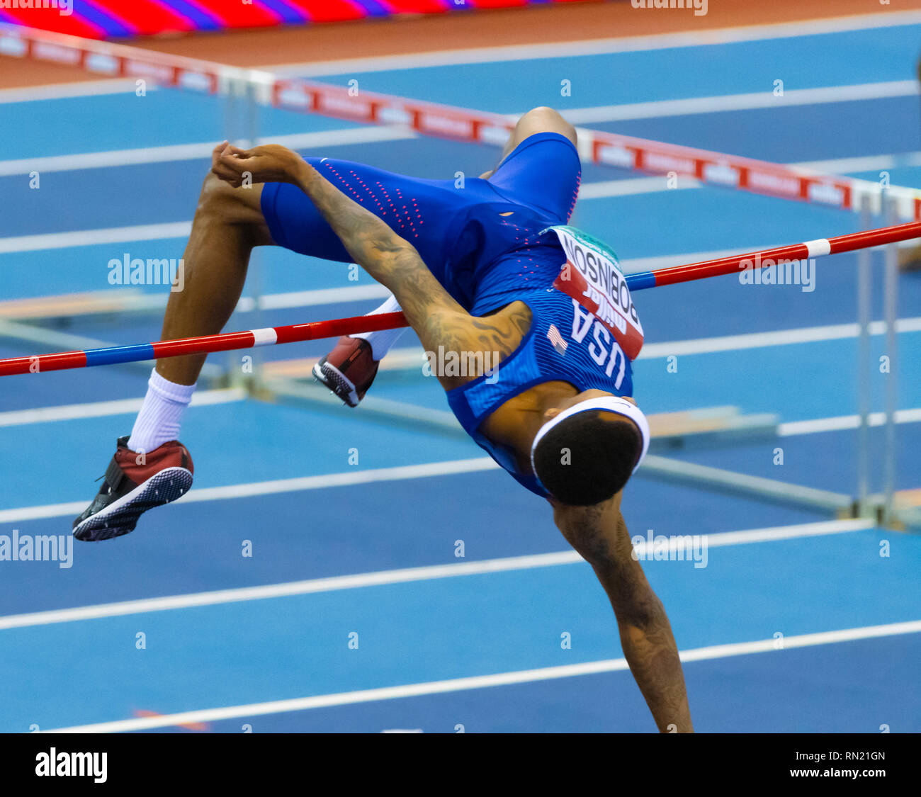 Muller Indoor Grand Prix 2019 IN BIRMINGHAM, ENGLAND: JERON ROBINSON in der mens High Jump während der Die Muller Indoor Grand Prix 2019 die Arena Birmingham am 16. Februar 2019 in Birmingham, England. Stockfoto