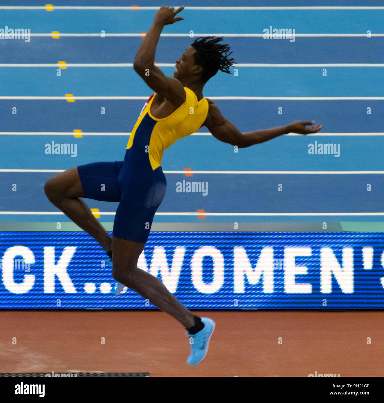 Muller Indoor Grand Prix 2019 IN BIRMINGHAM, ENGLAND: Tajay Gayle konkurriert in der mens long jump Final während der Die Muller Indoor Grand Prix 2019 die Arena Birmingham am 16. Februar 2019 in Birmingham, England. Stockfoto
