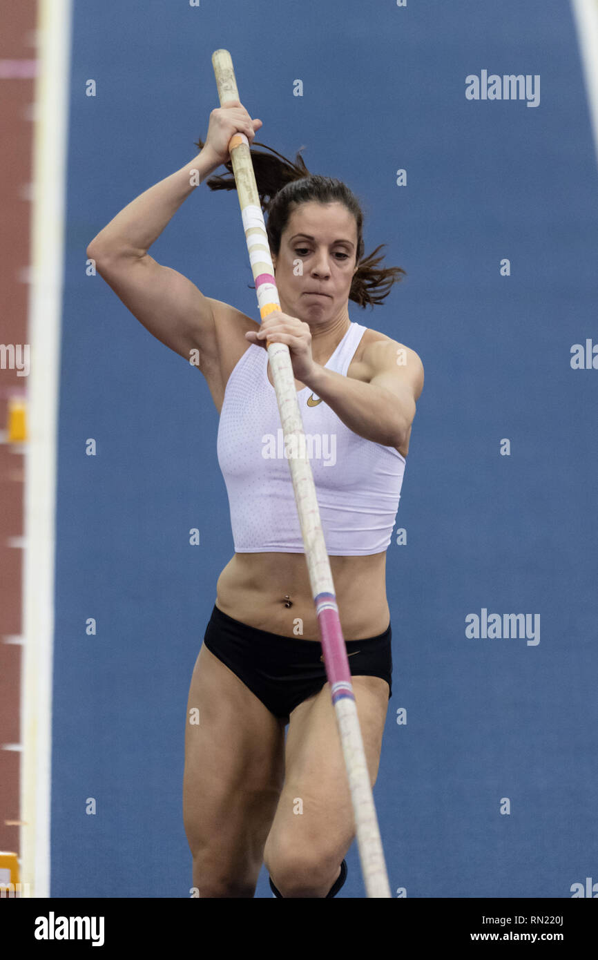 Birmingham, Großbritannien. 16. Februar 2019. Katerina Stefanidi Griechenlands in Women's Polo Vault Final während Muller Indoor Grand Prix in Birmingham 2019 im Arena Birmingham am Samstag, den 16. Februar 2019. BIRMINGHAM, ENGLAND. (Nur redaktionelle Nutzung, eine Lizenz für die gewerbliche Nutzung erforderlich. Keine Verwendung in Wetten, Spiele oder einer einzelnen Verein/Liga/player Publikationen.) Credit: Taka G Wu Stockfoto