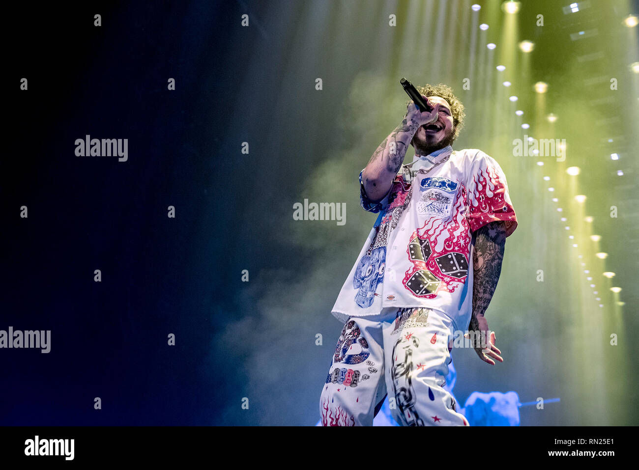 Birmingham, Großbritannien. 16. Februar 2019. Post Malone, realen Namen Austin Richard Rapper, Sänger, Songwriter und Musikproduzent durchführen an den Resorts World Arena, Birmingham 2019-02-16 Credit: Gary Mather/Alamy leben Nachrichten Stockfoto