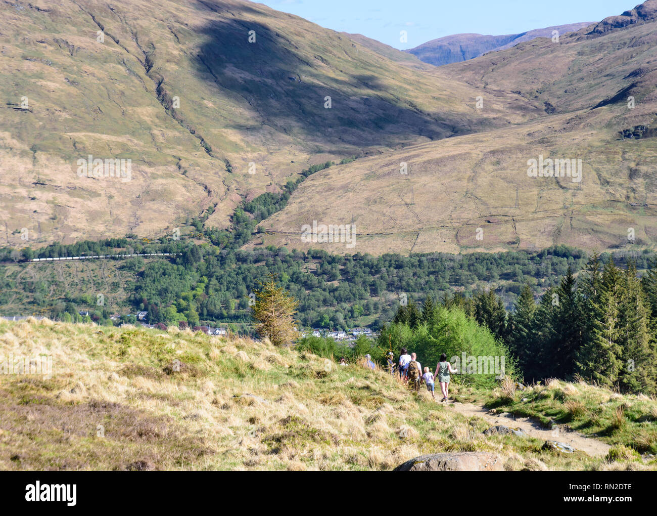 Argyll, Schottland - Mai 14, 2016: Wanderer Abstieg von Ben Arthur Berg, während ein Güterzug Pässe Arrochar auf der West Highland Line Eisenbahn in Th Stockfoto