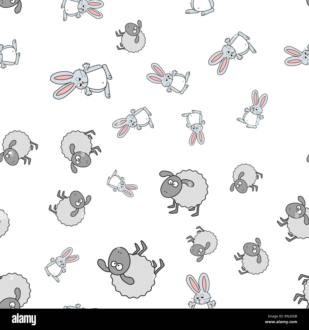 Lämmer und Hasen nahtlose Muster im Comic-stil. Auf weißem Hintergrund, Vector Illustration. Stock Vektor