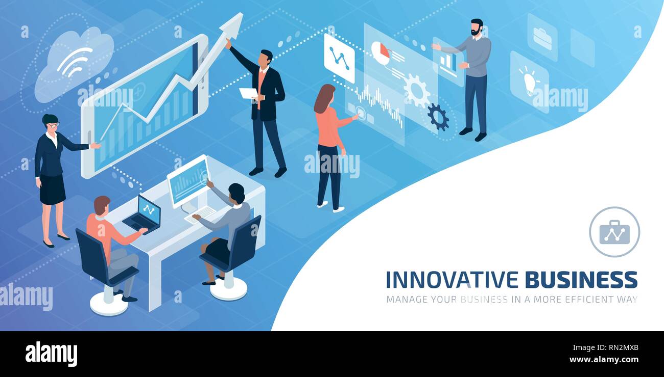 Business People Team zusammen arbeiten in einer virtuellen Umgebung mit Benutzeroberflächen und Anwendungen Stock Vektor