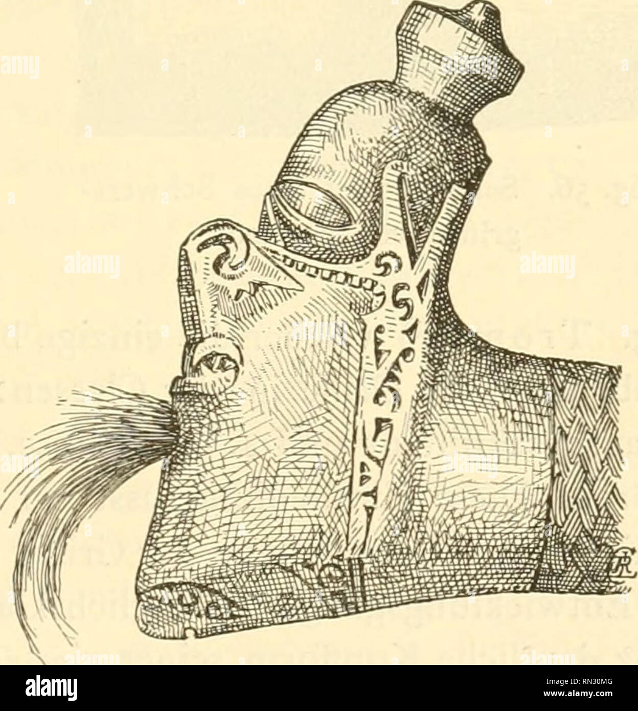 . Annalen des Naturhistorischen Museen in Wien. Naturhistorisches Museum (Österreich); Naturgeschichte. Abb. 52. Untere Ansicht des Schwertgriffes von Abb. 50. Abb. 50. Seitenansicht des Schwertgriffes von Borneo. Abb. 51. Vorderansicht des Schwert-Griffes von Abb. 50. trachten. Höchst befremdend muss jedoch der gezähnte Winkel wirken, dessen einer Arm das Gesicht quer zur Nase durchschneidet. Wie kommt dieses Gezähnte Band hieher, und war soll es bedeuten? This Frage würde bei einziger Vorlage dieses Stückes oder ähnlicher Thunfischwadenfänger Kunst zu den Verwegensten Beantwortungen führen. Mann könnte Sog Stockfoto