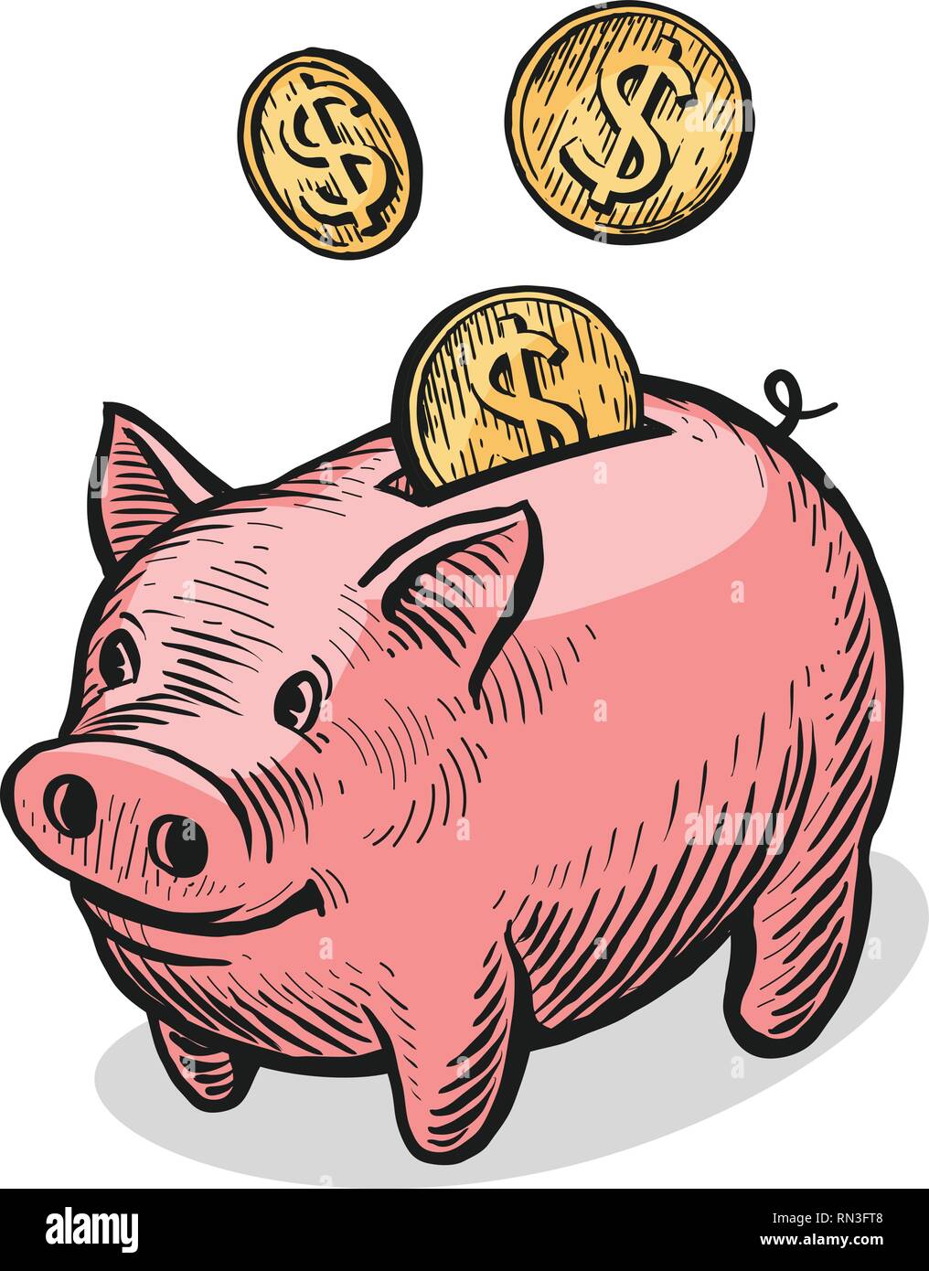 Piggy Bank und Goldmünzen. Geld, Bank, Finanzen Konzept. Vector Illustration Stock Vektor