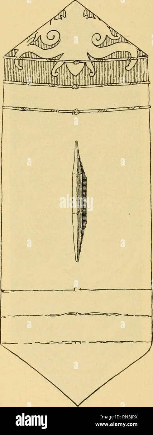 . Annalen des Naturhistorischen Museen in Wien. Naturhistorisches Museum (Österreich); Naturgeschichte. Abb. 41. Südost-Borneo Dayakschild aus. (Ethnogr. Mus. Leiden. luv.-Nr. 306/26. Gez. v. Tomassen.) I' 2 Ö 5:0' 3 g 5 Meter. Vergl. Text, Seite 200, 23, 235, 236, 237. Abb. 42. Rückseite des in Abb. 41 dargestellten Dayakschildes. (Ethnogr. Mus. Leiden. luv.-Nr. 3 o 6/2 fi. Gez. v. Tomassen.) I-2 t&gt; 5: o-3o 5 Meter. Vergl. Text, Seite 200, 231,235,237. erinnern, ist der Drache. Dieses märchenumwobene Ungeheuer, welches in der Mythologie vieler Völker eine wichtige Rolle spielt, dem jedoch in der Höhle Sag Stockfoto