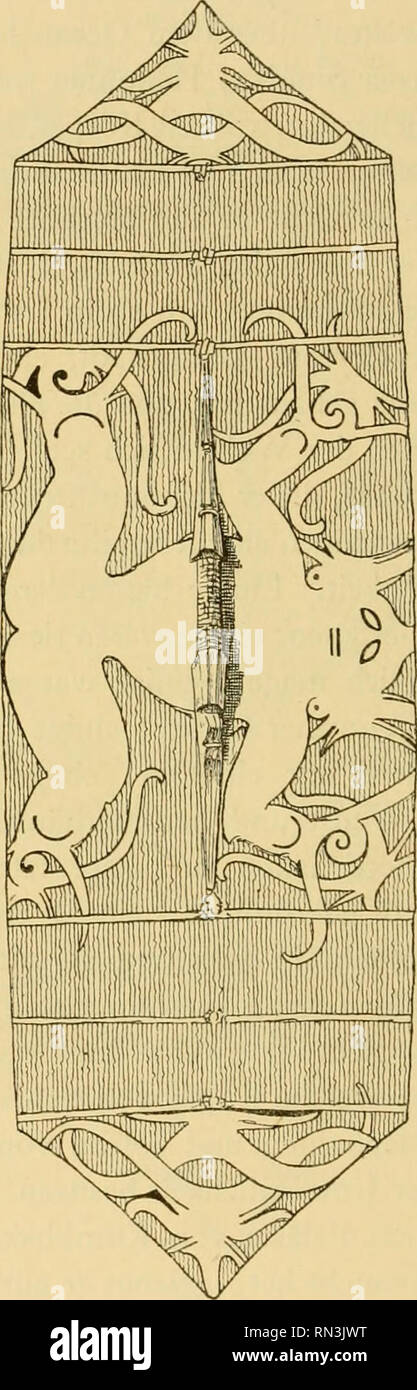 . Annalen des Naturhistorischen Museen in Wien. Naturhistorisches Museum (Österreich); Naturgeschichte. Abb. 37-Schild der Kenyas im Sultanat Kutai. Südost-Borneo. (S. W. Tromp.) (Ethn. Mus. Leiden. Inv.-Nr. 614/39. Gez. v. Tomassen.) rig: o-335 Meter. Vergl. Text, Seite 200, 23, 235, 23y.. Abb. 38. Rückseite des in Abb. 37 dargestellten Dayakschildes. (S. W. Tromp.) (Ethn. Mus. Leiden. Inv.-Nr. 614 ig. Gez. v. Tomassen.) Rio. : O'335 Meter. Vergl. Text, Seite 200, 23 i, 23.%236, 237. Nonne der schon im Todeskampfe liegende Hanuman über die ganze Stadt, welche dadurch, ein allen Ecken in Marke ge Stockfoto