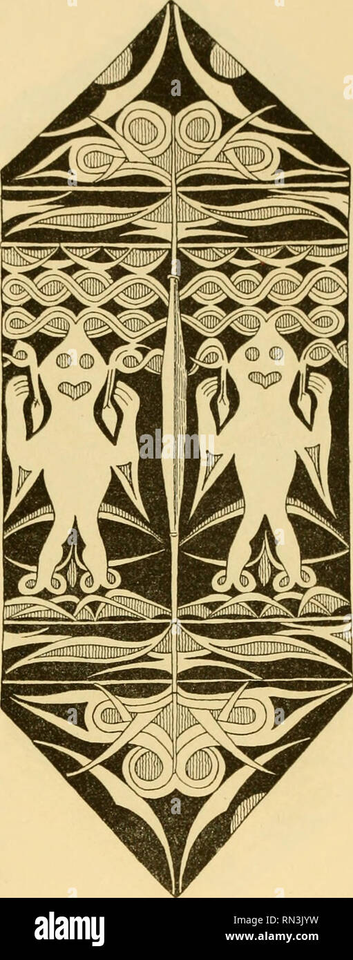 . Annalen des Naturhistorischen Museen in Wien. Naturhistorisches Museum (Österreich); Naturgeschichte. Abb. 32. Schild der in Ri. adjas im Innern von Selebes. (Dr. B.F. Matthes.) (Etlmogr. Mus. Leiden. Inv.-Nr. 3 Y547. Gez. v. Zu tn Asse n.) raö: o'3g. m. Vergl. Text, Seite 23 Ich, 2^4, 236, 23;. Abb. 33 - Rückseite des in Abb. 32 dargestellten Zu ri adja-Schildes. (Dr. B.F. Matthes.) ilithnogr. Mus. Leiden. Inv.-Nr. 3; r. ij. Gez. v. Tomassen.) 1 * 26: o-3 g-Meter. Vergl. Text, Seite 23, 234, 237. ihr Unwesen treiben, und gegen die der Götterbote wachehaltende Agni aufgestellt ist, um sie, wen Stockfoto