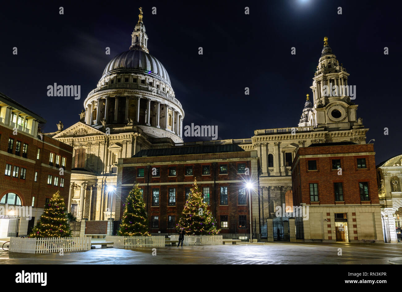 London, England, UK - Dezember 17, 2018: Weihnachtsbäume schmücken Paternoster Square unter der Kuppel der St. Paul's Cathedral in der City von London. Stockfoto