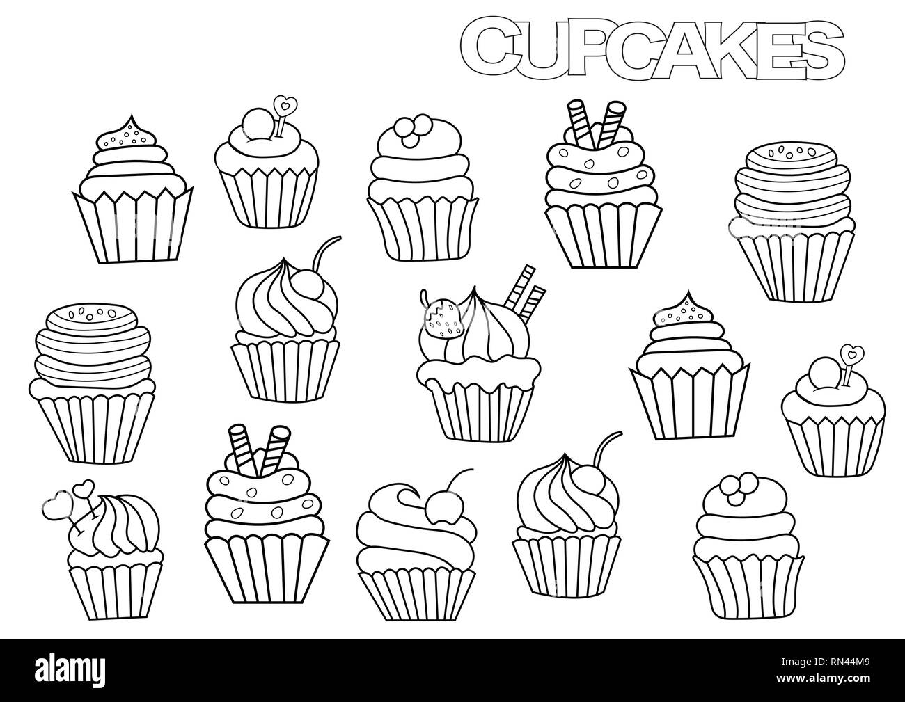 Hand Gezeichnet Cupcakes Malbuch Seite Vorlage Umrisse Doodle Vector Illustration Stock Vektorgrafik Alamy