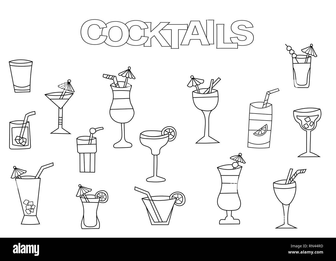 Hand gezeichnet Cocktails. Malbuch Vorlage. Umrisse doodle Elemente Vector Illustration. Kinder Spiel Seite. Stock Vektor