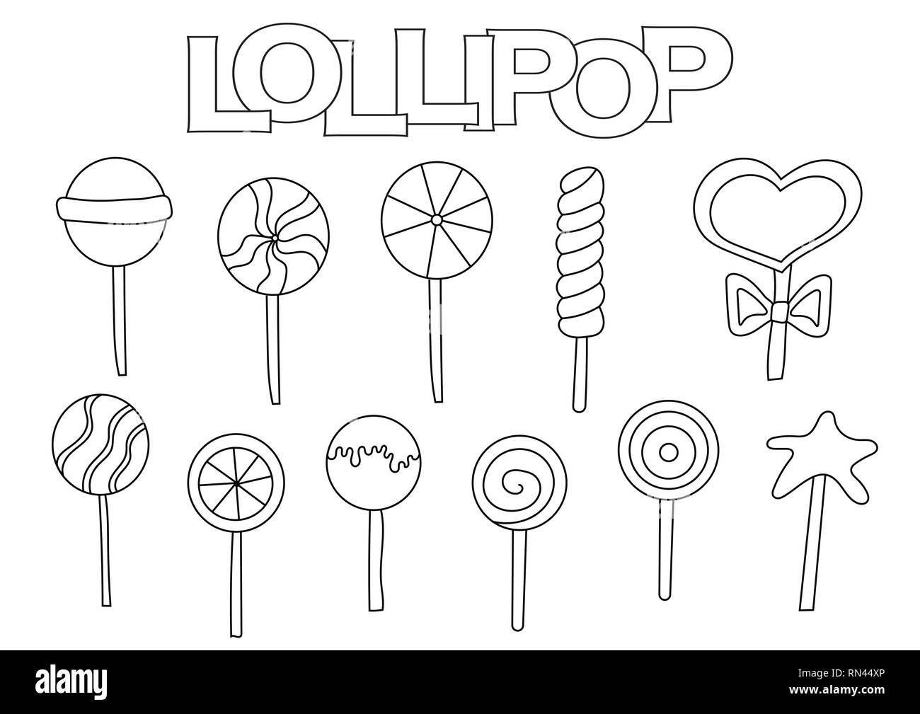 Lollipop Elemente Hand gezeichnet. Malbuch Vorlage. Umrisse doodle Elemente Vector Illustration. Kinder Spiel Seite. Stock Vektor