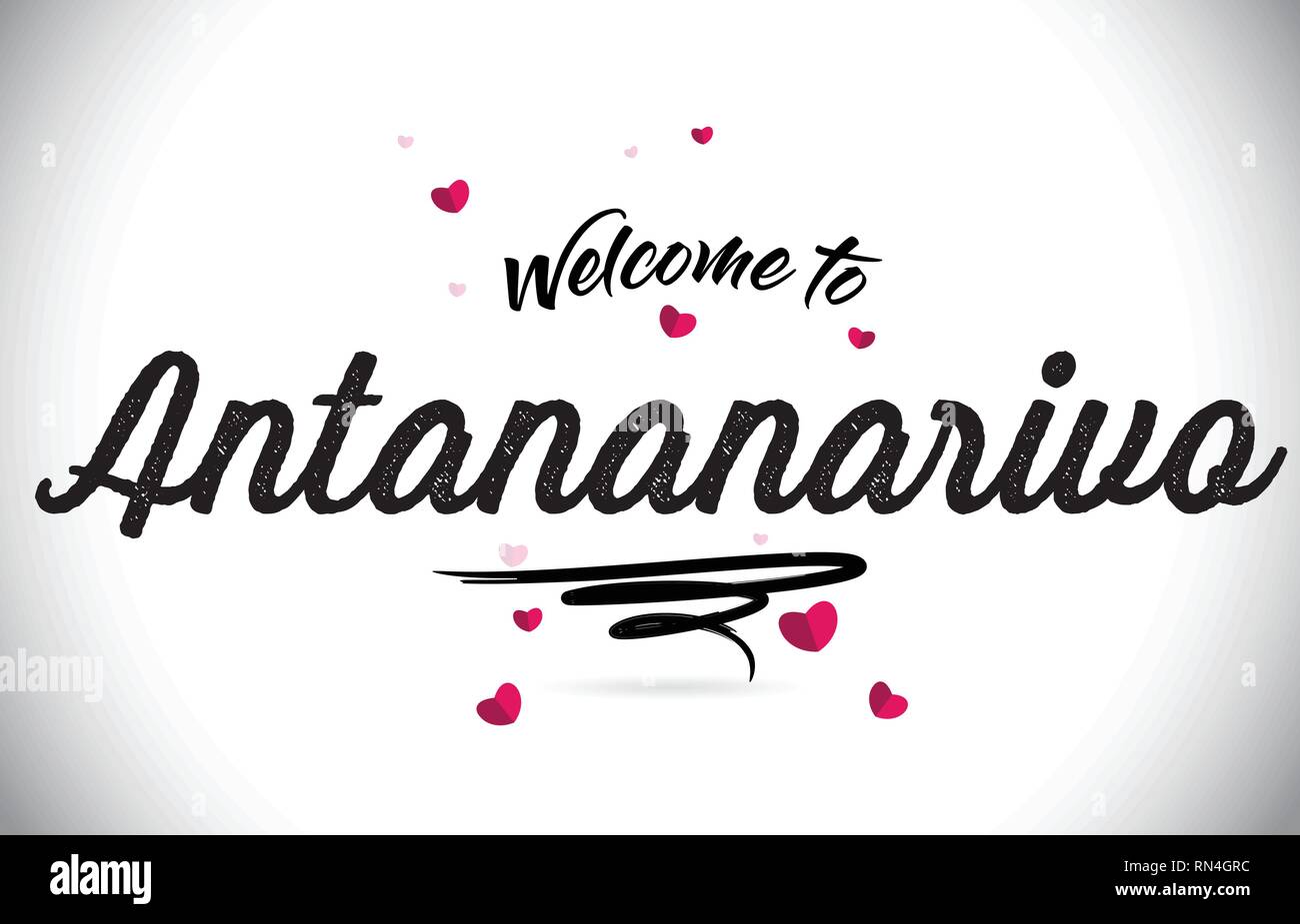 Antananarivo Willkommen bei Wort Text mit handschriftlichen Font und Rosa Herz Form Design Vector Illustration. Stock Vektor