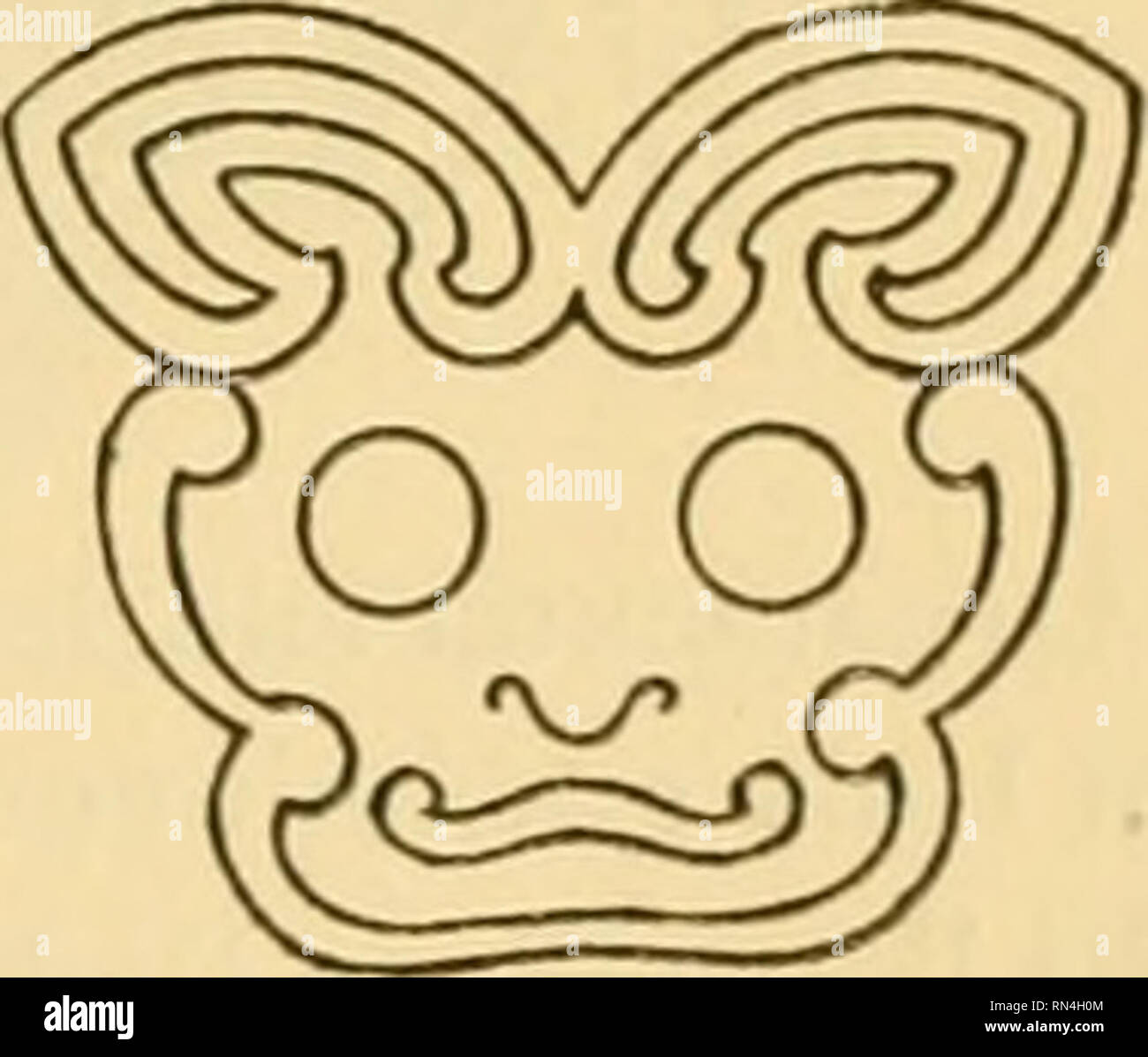 . Annalen des Naturhistorischen Museen in Wien. Naturhistorisches Museum (Österreich); Naturgeschichte. Abb. 6. Zweigehörnter Drache von einem reich in Seide gestickten chinesischen Staatsgewande. (Oestcrr. Handelsmus. za Wien. Orig.-Aufnahme.) Vergl. Text, Seite 223, 234, 235, 236. Abb. 7 - Mascaron von einer chinesischen Nephril - Vase. (Ethnogr. Mus. Wien.Luv.-Nr. 10762. Orig.-Aufnahme.) Vergl. Text, Seite 2 o5.. Zu den Schilddecorationen wurden im Alterthum ausser figurenreichen Darstellungen mit Vorliebe Masken und Fratzen gewählt; namentlich ist es das Haupt der Gorgo Medusa, einer der drei Stockfoto