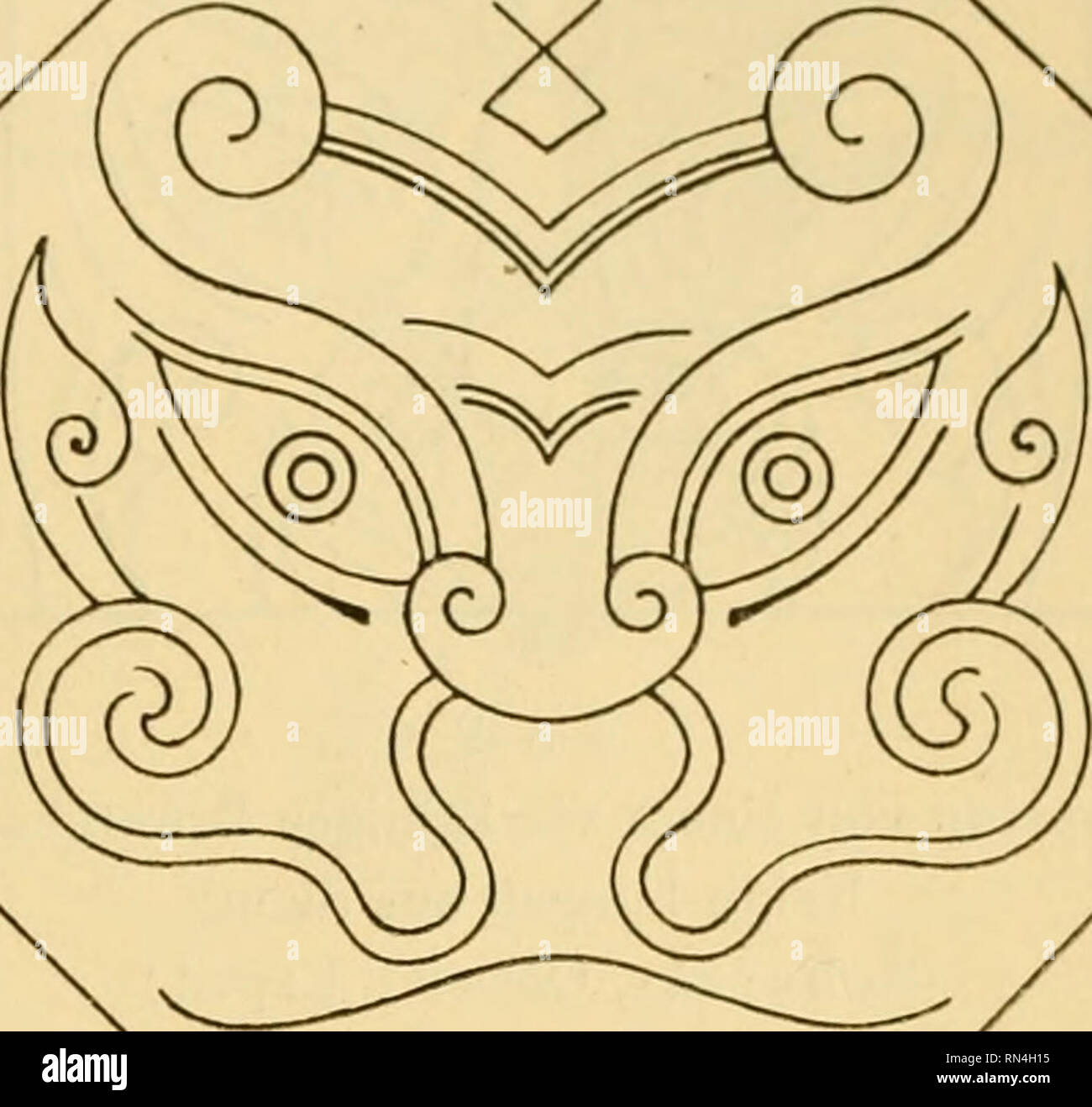 . Annalen des Naturhistorischen Museen in Wien. Naturhistorisches Museum (Österreich); Naturgeschichte. Abb. 6. Zweigehörnter Drache von einem reich in Seide gestickten chinesischen Staatsgewande. (Oestcrr. Handelsmus. za Wien. Orig.-Aufnahme.) Vergl. Text, Seite 223, 234, 235, 236. Abb. 7 - Mascaron von einer chinesischen Nephril - Vase. (Ethnogr. Mus. Wien.Luv.-Nr. 10762. Orig.-Aufnahme.) Vergl. Text, Seite 2 o5.. Bitte beachten Sie, dass diese Bilder extrahiert werden aus der gescannten Seite Bilder, die digital haben für die Lesbarkeit verbessert - Färbung und Aussehen dieser Abbildungen können nicht Pe Stockfoto