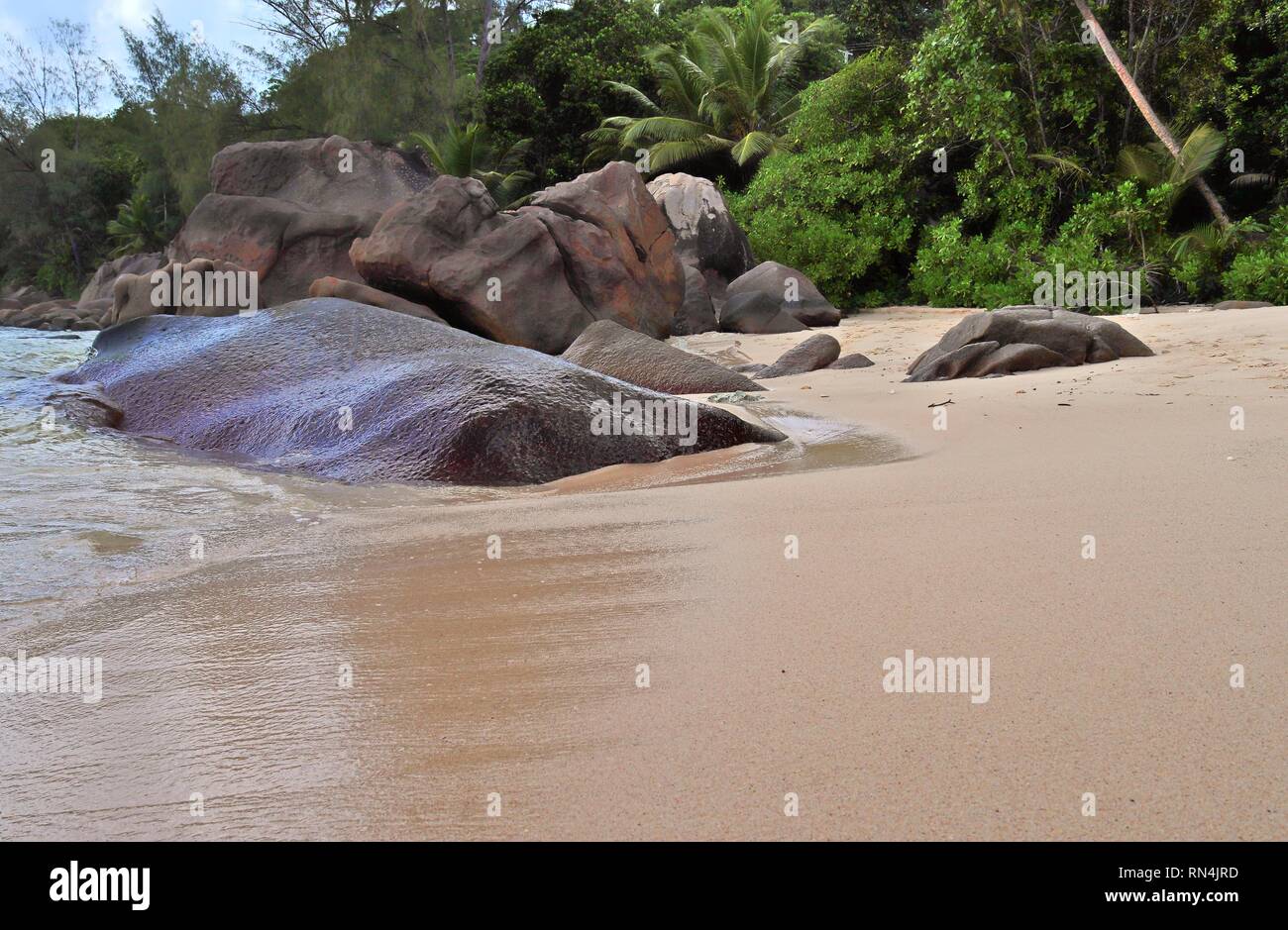 Schöne Felsen am Strand der tropischen Inselparadies Seychellen Stockfoto