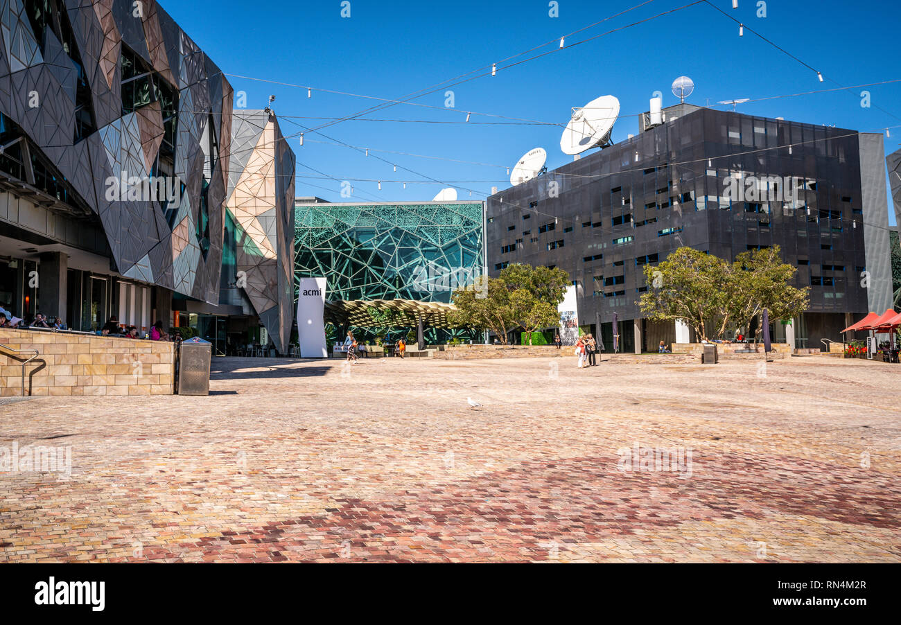 2. Januar 2019, Melbourne, Australien: Federation Square View mit ACMI Gebäude im Zentrum in Melbourne, Victoria, Australien Stockfoto