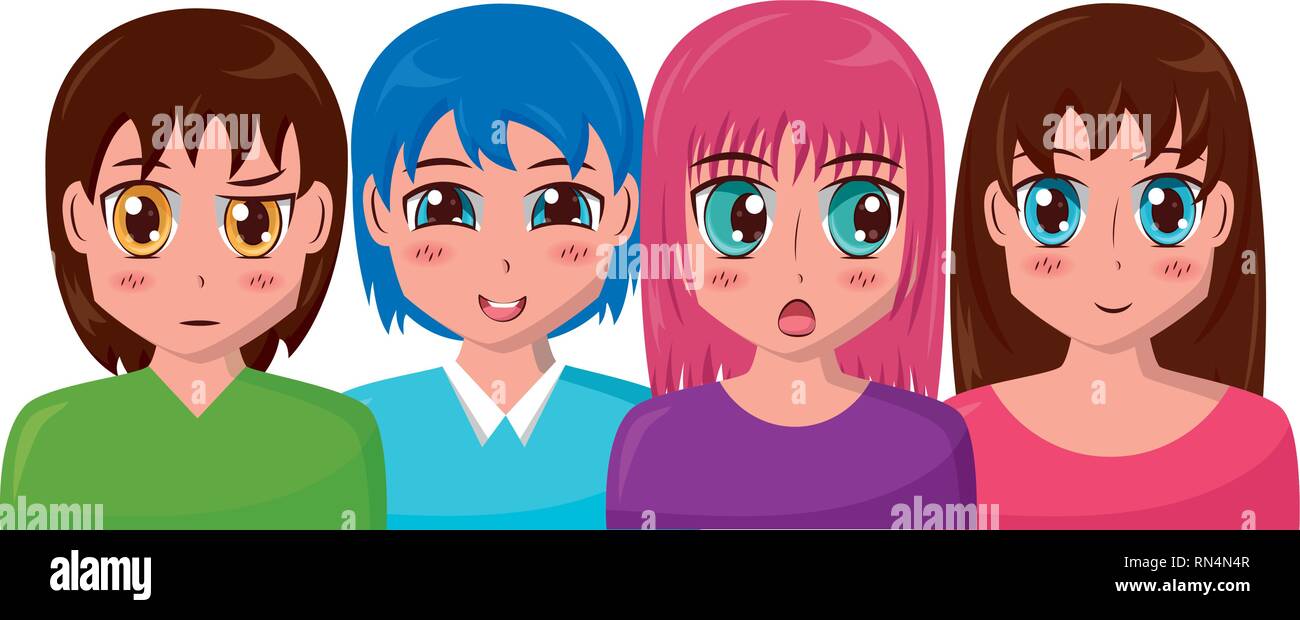 Anime Madchen Gruppe Manga Comic Stock Vektorgrafik Alamy