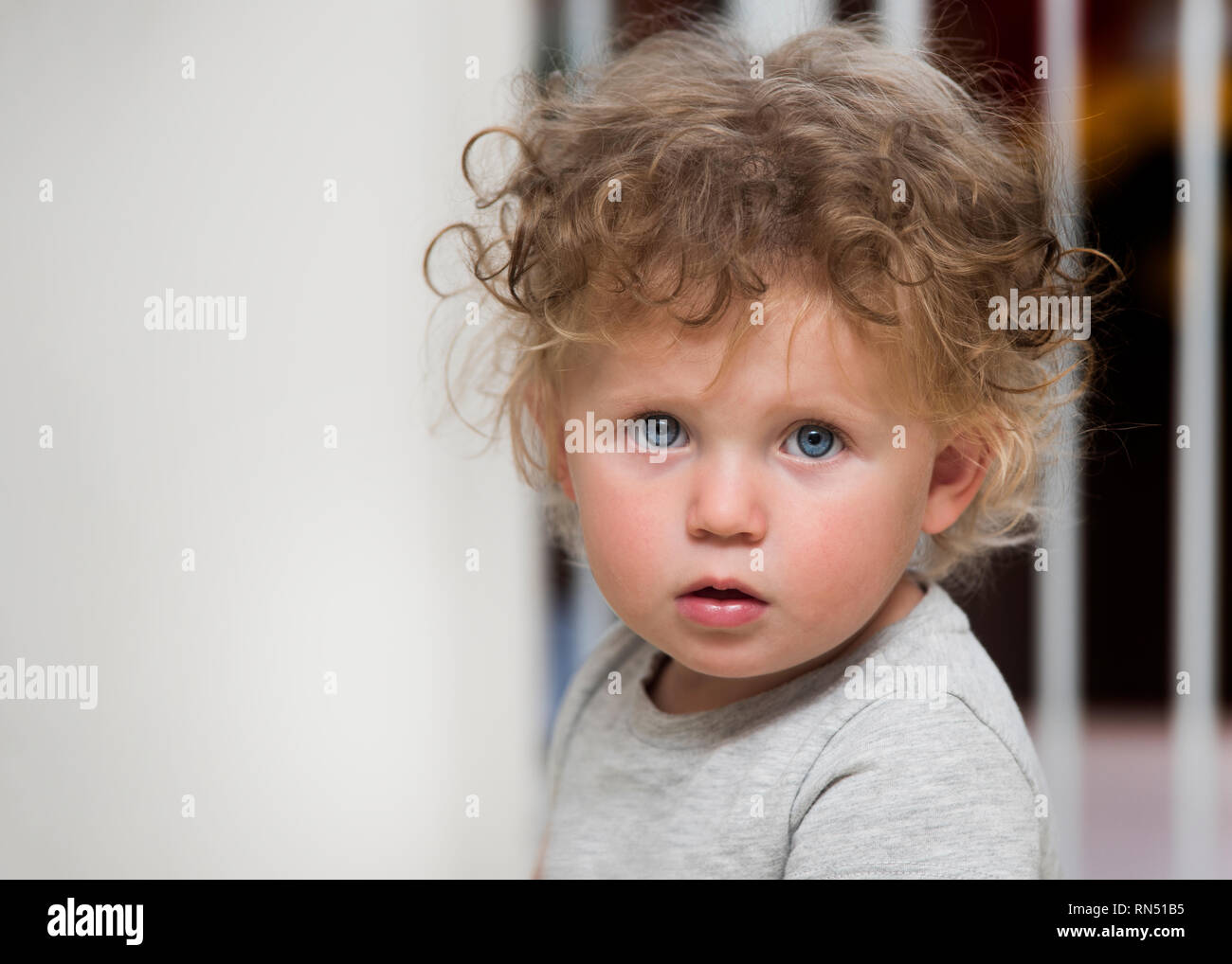 Adorable curly Blonde blue eyed Kind direkt von der Kamera. Bild ist von den Schultern. Es gibt Raum für Kopieren auf der linken Seite des Bildes. Stockfoto